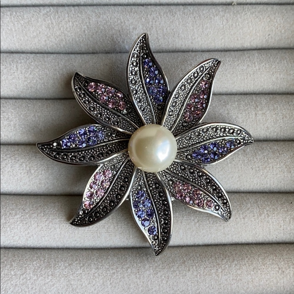 Purple Pink Rhinestone Flower Brooch Faux Pearl Statement Pin